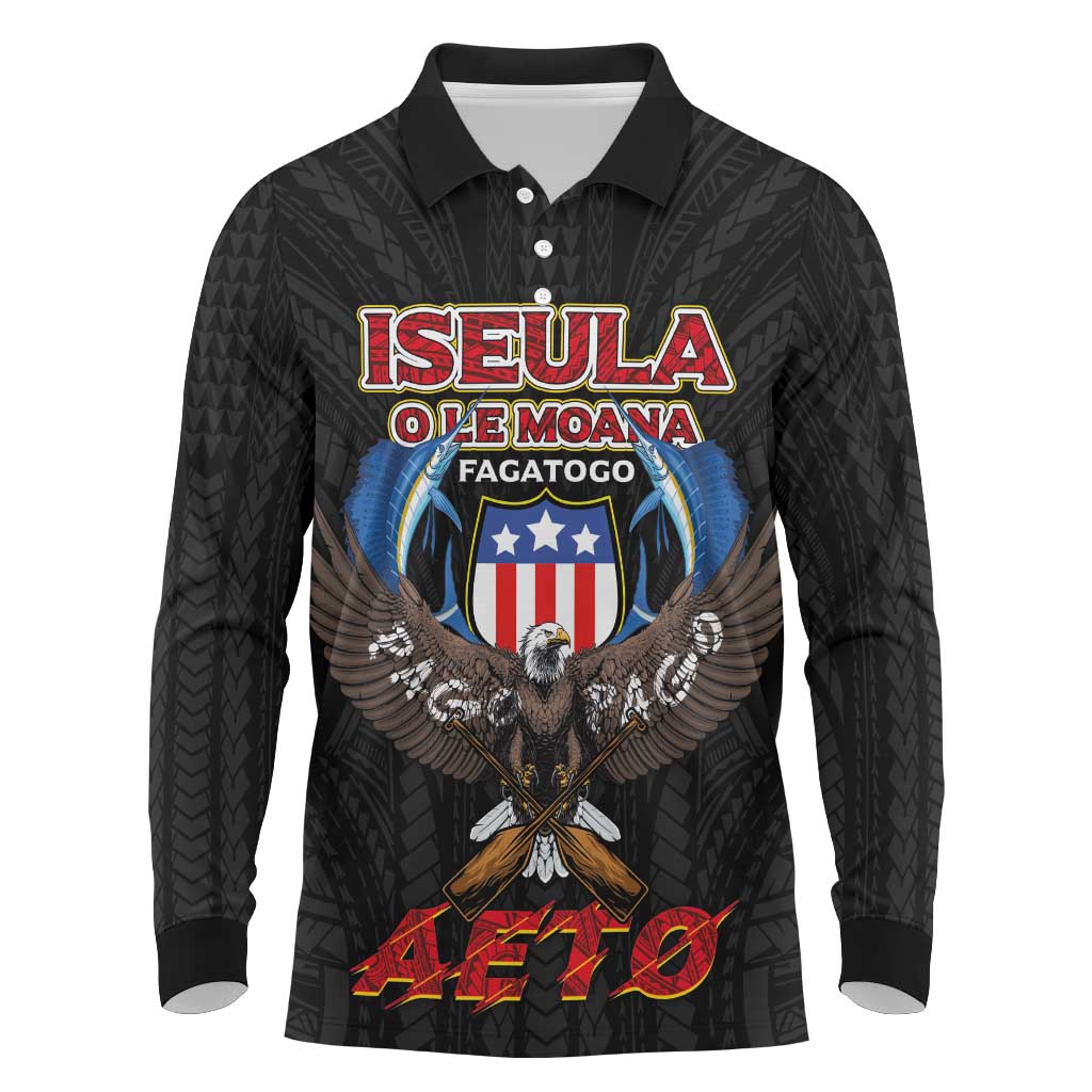 American Samoa Fautasi Long Sleeve Polo Shirt Pago Pago Aeto and Iseula o le Moana of Fagatogo Black Color - Polynesian Pride