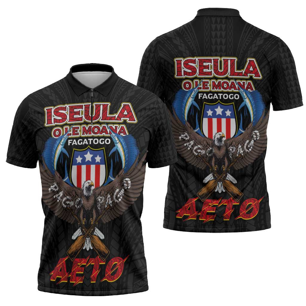 American Samoa Fautasi Zipper Polo Shirt Pago Pago Aeto and Iseula o le Moana of Fagatogo Black Color - Polynesian Pride