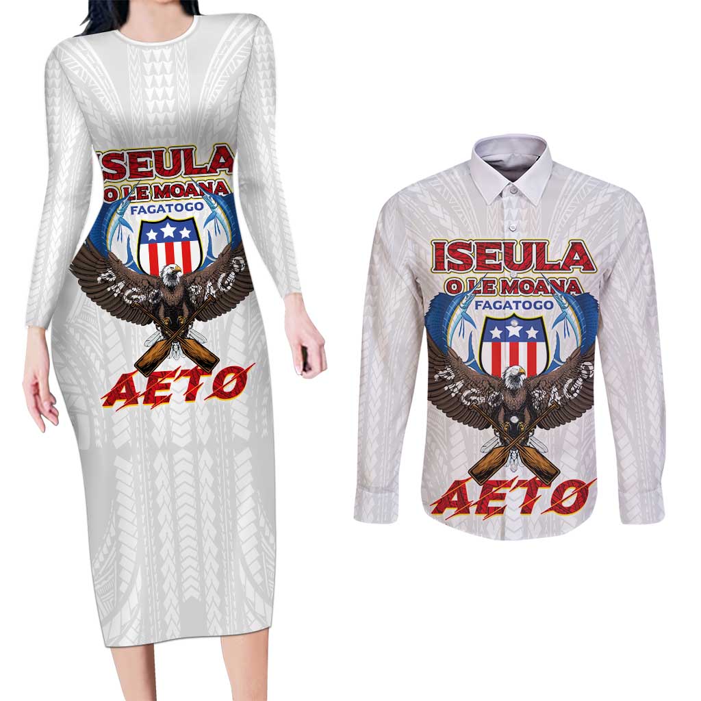 American Samoa Fautasi Couples Matching Long Sleeve Bodycon Dress and Long Sleeve Button Shirt Pago Pago Aeto and Iseula o le Moana of Fagatogo White Color - Polynesian Pride