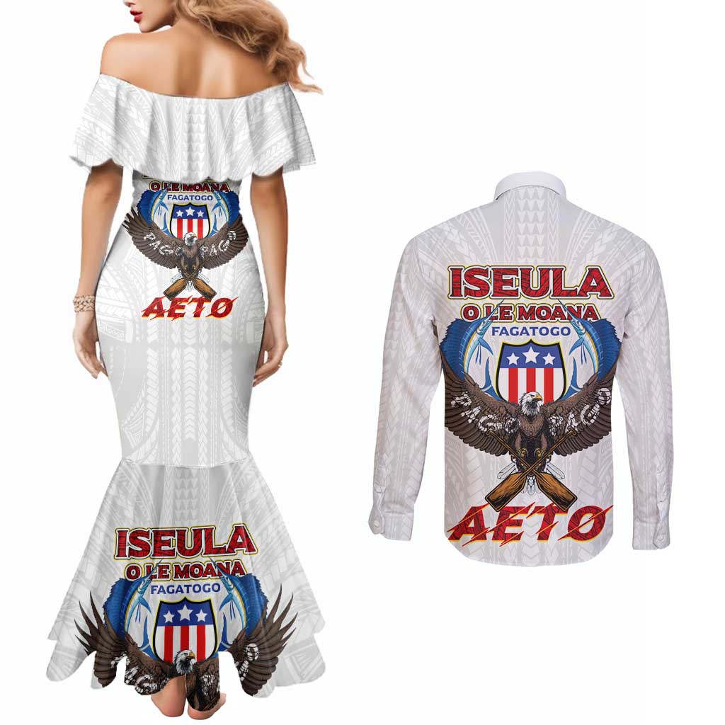American Samoa Fautasi Couples Matching Mermaid Dress and Long Sleeve Button Shirt Pago Pago Aeto and Iseula o le Moana of Fagatogo White Color - Polynesian Pride
