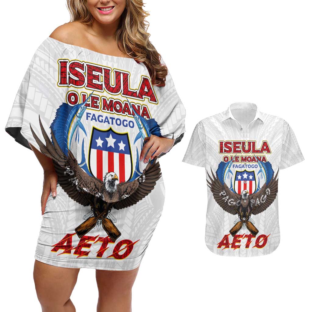 American Samoa Fautasi Couples Matching Off Shoulder Short Dress and Hawaiian Shirt Pago Pago Aeto and Iseula o le Moana of Fagatogo White Color - Polynesian Pride