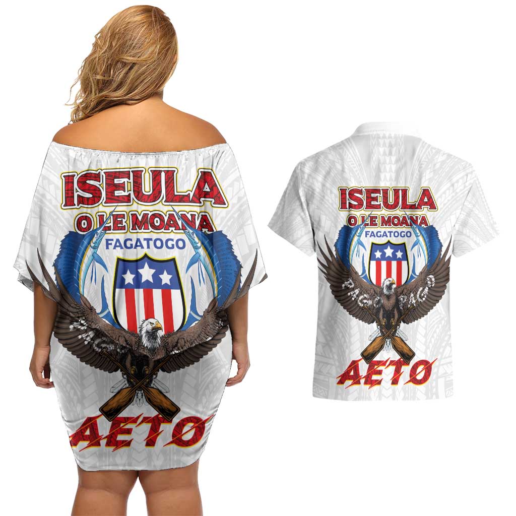 American Samoa Fautasi Couples Matching Off Shoulder Short Dress and Hawaiian Shirt Pago Pago Aeto and Iseula o le Moana of Fagatogo White Color - Polynesian Pride