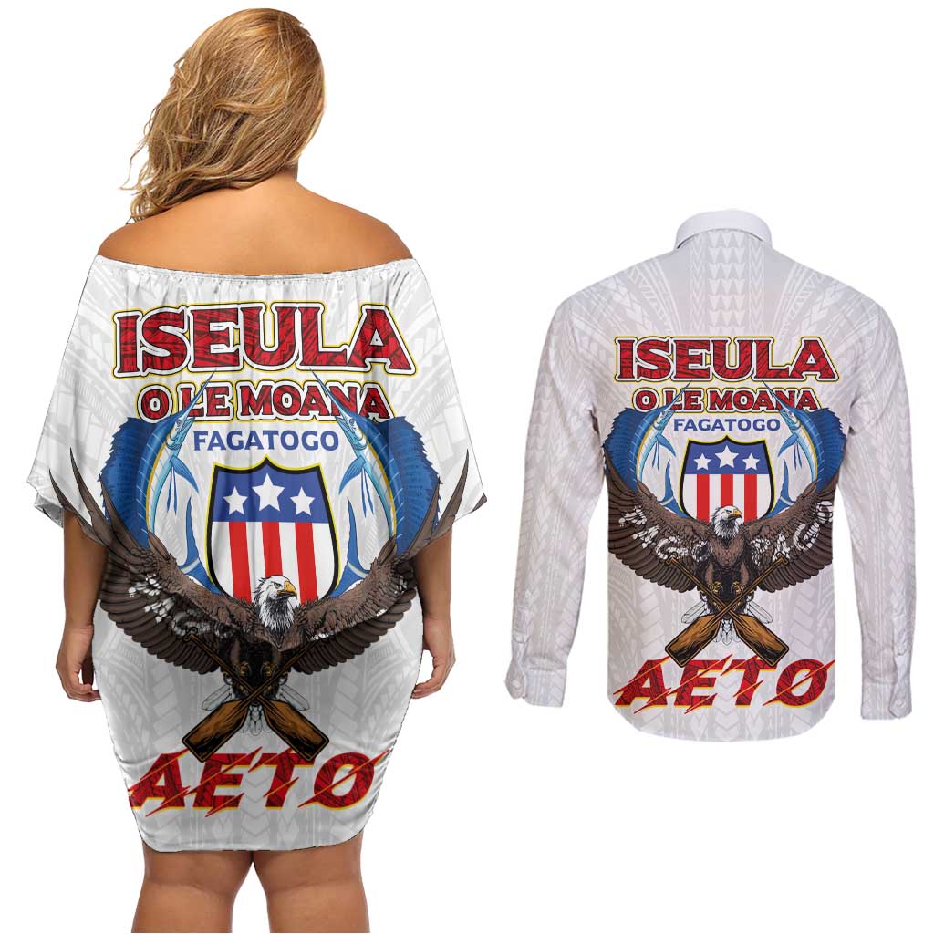 American Samoa Fautasi Couples Matching Off Shoulder Short Dress and Long Sleeve Button Shirt Pago Pago Aeto and Iseula o le Moana of Fagatogo White Color - Polynesian Pride