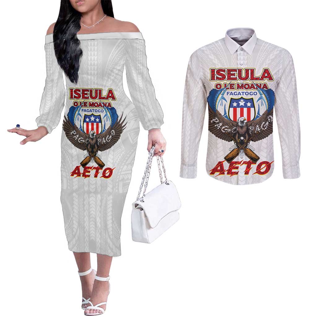 American Samoa Fautasi Couples Matching Off The Shoulder Long Sleeve Dress and Long Sleeve Button Shirt Pago Pago Aeto and Iseula o le Moana of Fagatogo White Color - Polynesian Pride