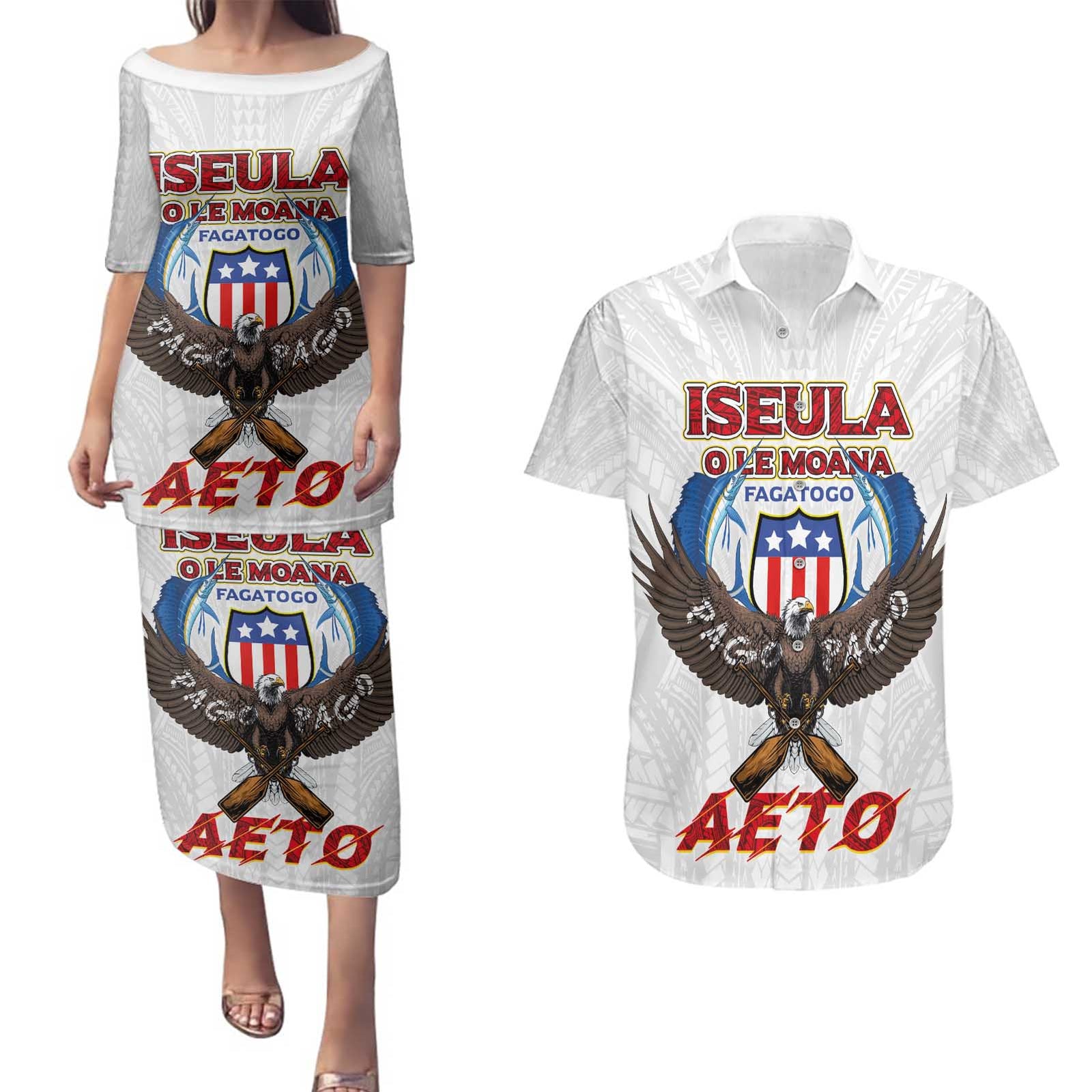 American Samoa Fautasi Couples Matching Puletasi and Hawaiian Shirt Pago Pago Aeto and Iseula o le Moana of Fagatogo White Color - Polynesian Pride