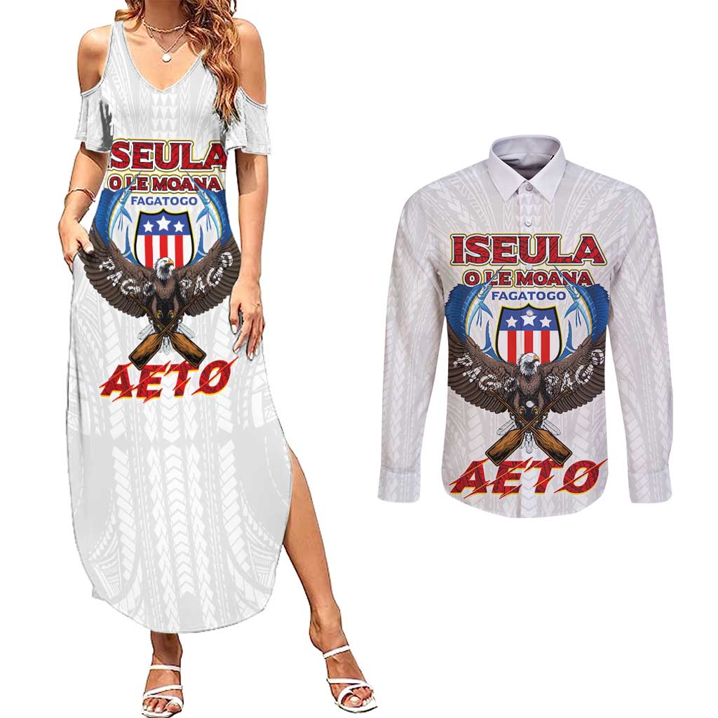 American Samoa Fautasi Couples Matching Summer Maxi Dress and Long Sleeve Button Shirt Pago Pago Aeto and Iseula o le Moana of Fagatogo White Color - Polynesian Pride