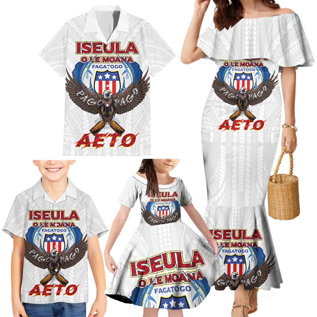American Samoa Fautasi Family Matching Mermaid Dress and Hawaiian Shirt Pago Pago Aeto and Iseula o le Moana of Fagatogo White Color - Polynesian Pride