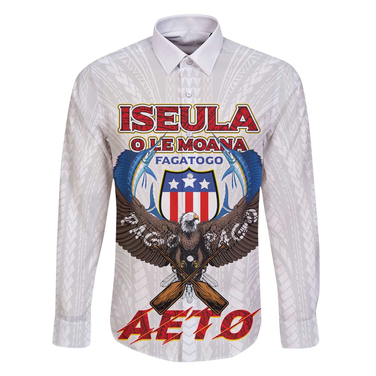American Samoa Fautasi Family Matching Off The Shoulder Long Sleeve Dress and Hawaiian Shirt Pago Pago Aeto and Iseula o le Moana of Fagatogo White Color - Polynesian Pride