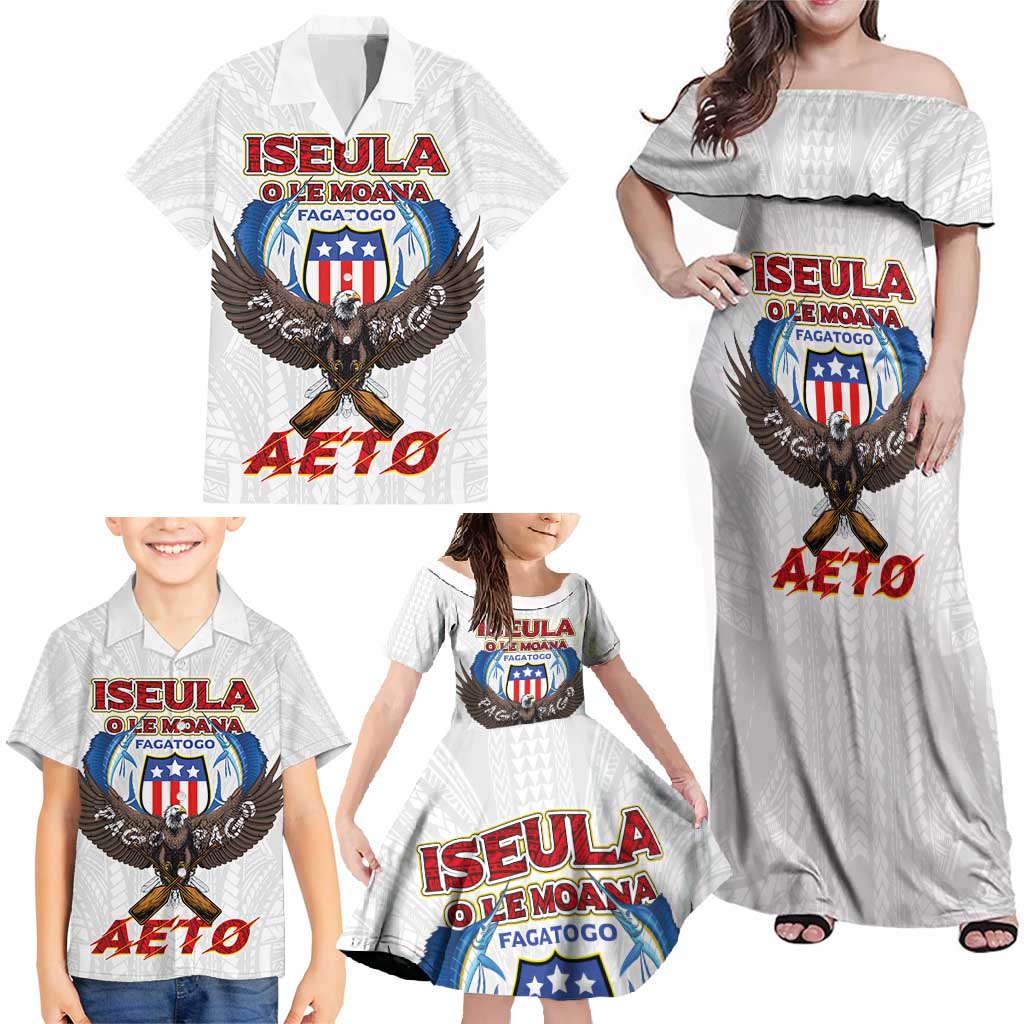 American Samoa Fautasi Family Matching Off Shoulder Maxi Dress and Hawaiian Shirt Pago Pago Aeto and Iseula o le Moana of Fagatogo White Color - Polynesian Pride