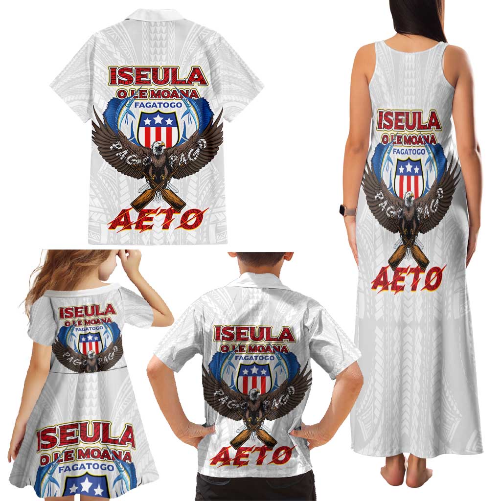 American Samoa Fautasi Family Matching Tank Maxi Dress and Hawaiian Shirt Pago Pago Aeto and Iseula o le Moana of Fagatogo White Color - Polynesian Pride