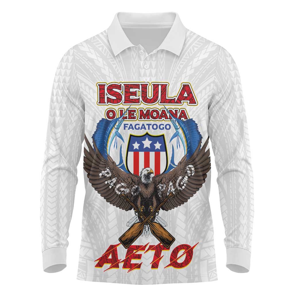 American Samoa Fautasi Long Sleeve Polo Shirt Pago Pago Aeto and Iseula o le Moana of Fagatogo White Color - Polynesian Pride