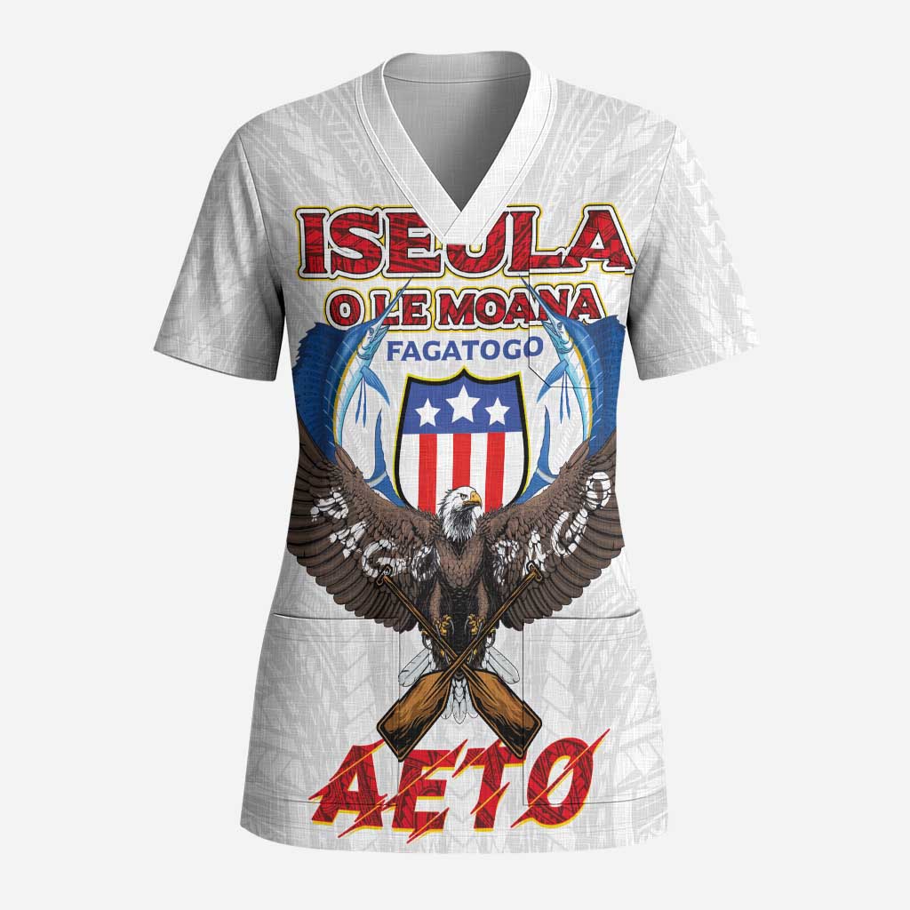 American Samoa Fautasi Scrub Top Pago Pago Aeto and Iseula o le Moana of Fagatogo White Color - Polynesian Pride