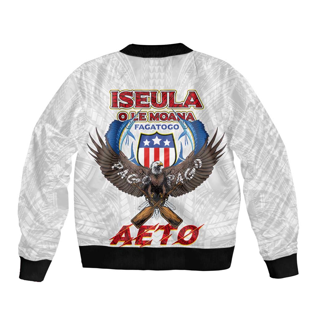 American Samoa Fautasi Sleeve Zip Bomber Jacket Pago Pago Aeto and Iseula o le Moana of Fagatogo White Color - Polynesian Pride