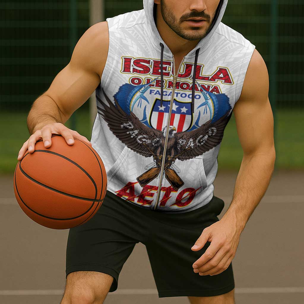 American Samoa Fautasi Sleeveless Zip Hoodie Pago Pago Aeto and Iseula o le Moana of Fagatogo White Color - Polynesian Pride