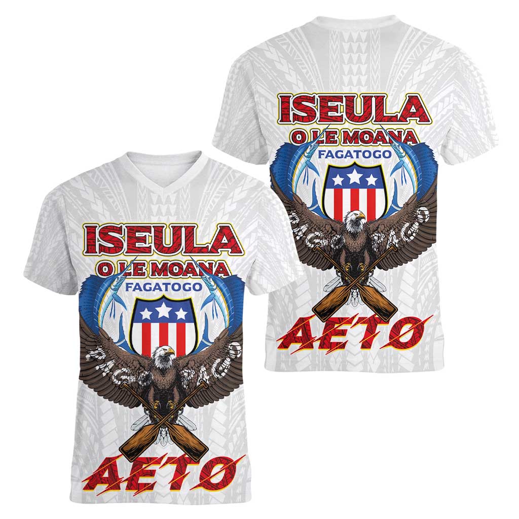American Samoa Fautasi Women V-Neck T-Shirt Pago Pago Aeto and Iseula o le Moana of Fagatogo White Color - Polynesian Pride