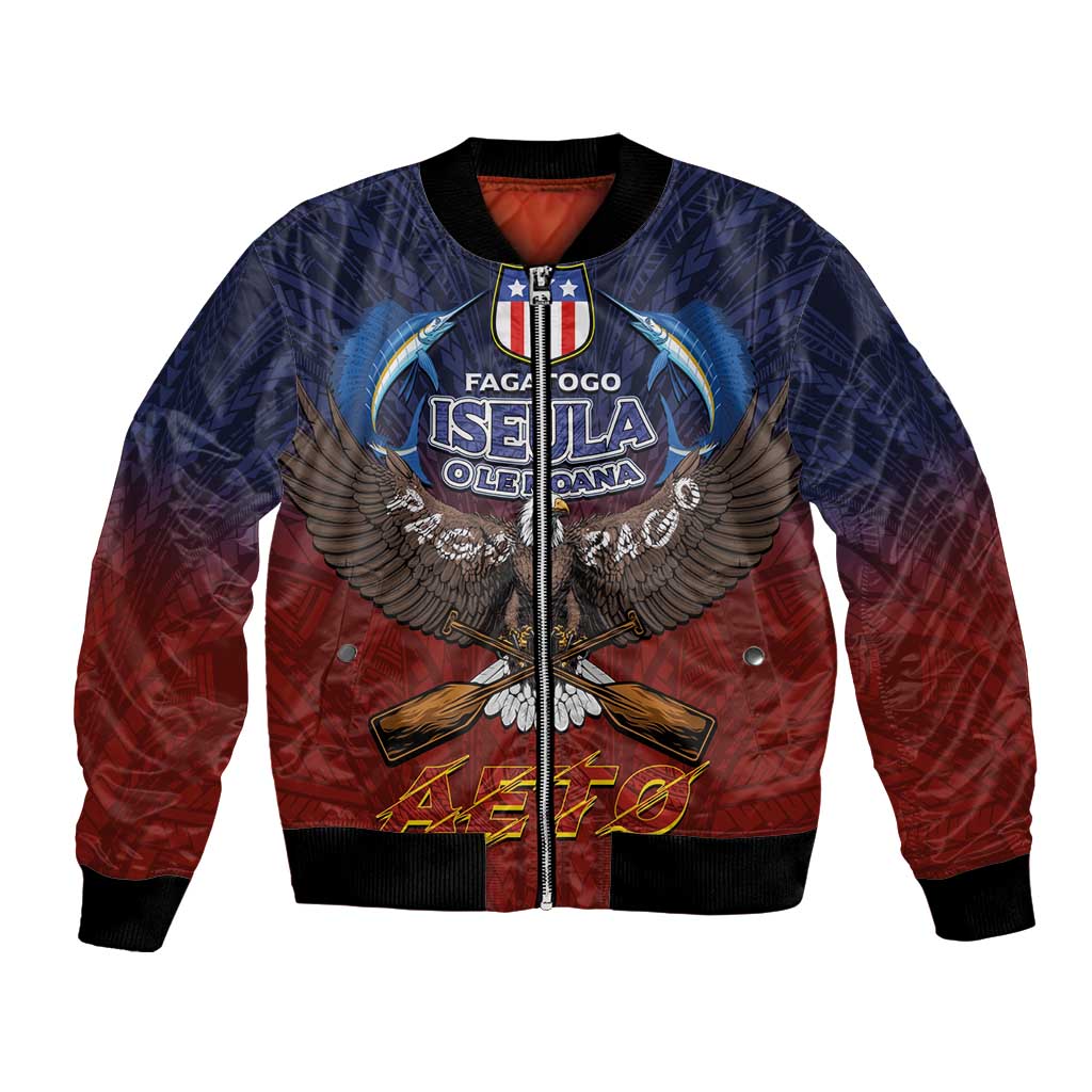 American Samoa Fautasi Bomber Jacket Pago Pago Aeto and Iseula o le Moana of Fagatogo Red-Blue - Polynesian Pride