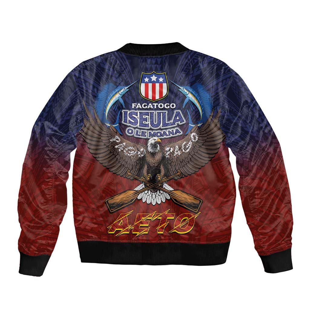 American Samoa Fautasi Bomber Jacket Pago Pago Aeto and Iseula o le Moana of Fagatogo Red-Blue - Polynesian Pride