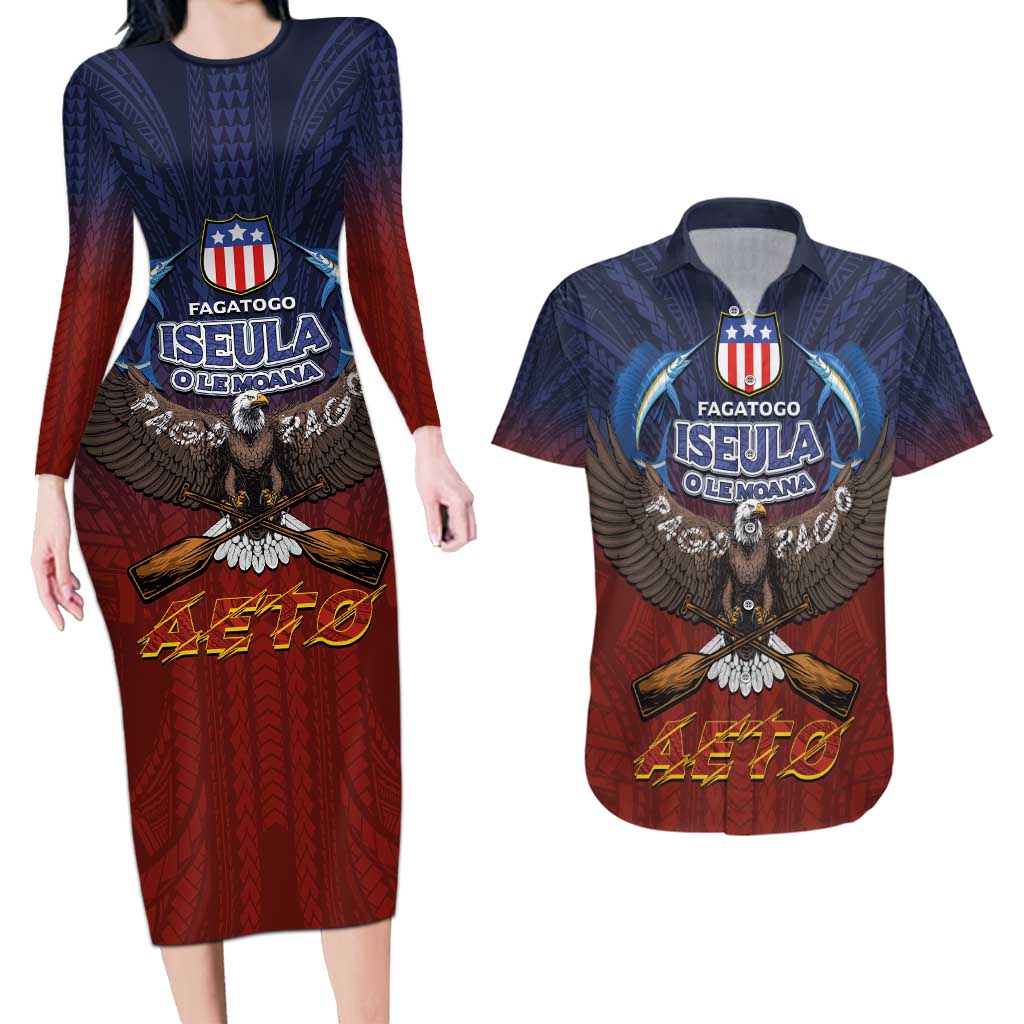 American Samoa Fautasi Couples Matching Long Sleeve Bodycon Dress and Hawaiian Shirt Pago Pago Aeto and Iseula o le Moana of Fagatogo Red-Blue - Polynesian Pride