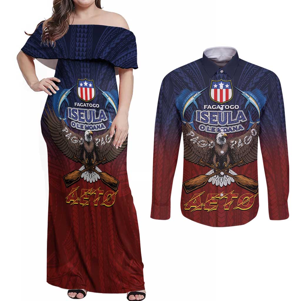 American Samoa Fautasi Couples Matching Off Shoulder Maxi Dress and Long Sleeve Button Shirt Pago Pago Aeto and Iseula o le Moana of Fagatogo Red-Blue - Polynesian Pride