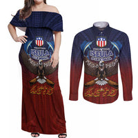 American Samoa Fautasi Couples Matching Off Shoulder Maxi Dress and Long Sleeve Button Shirt Pago Pago Aeto and Iseula o le Moana of Fagatogo Red-Blue - Polynesian Pride