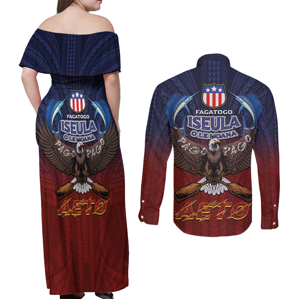 American Samoa Fautasi Couples Matching Off Shoulder Maxi Dress and Long Sleeve Button Shirt Pago Pago Aeto and Iseula o le Moana of Fagatogo Red-Blue - Polynesian Pride