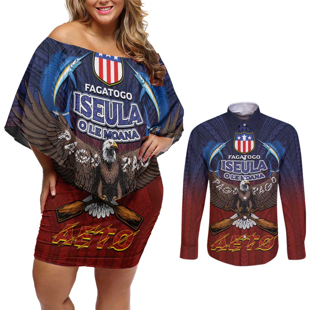 American Samoa Fautasi Couples Matching Off Shoulder Short Dress and Long Sleeve Button Shirt Pago Pago Aeto and Iseula o le Moana of Fagatogo Red-Blue - Polynesian Pride