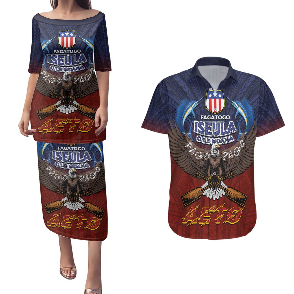 American Samoa Fautasi Couples Matching Puletasi and Hawaiian Shirt Pago Pago Aeto and Iseula o le Moana of Fagatogo Red-Blue - Polynesian Pride