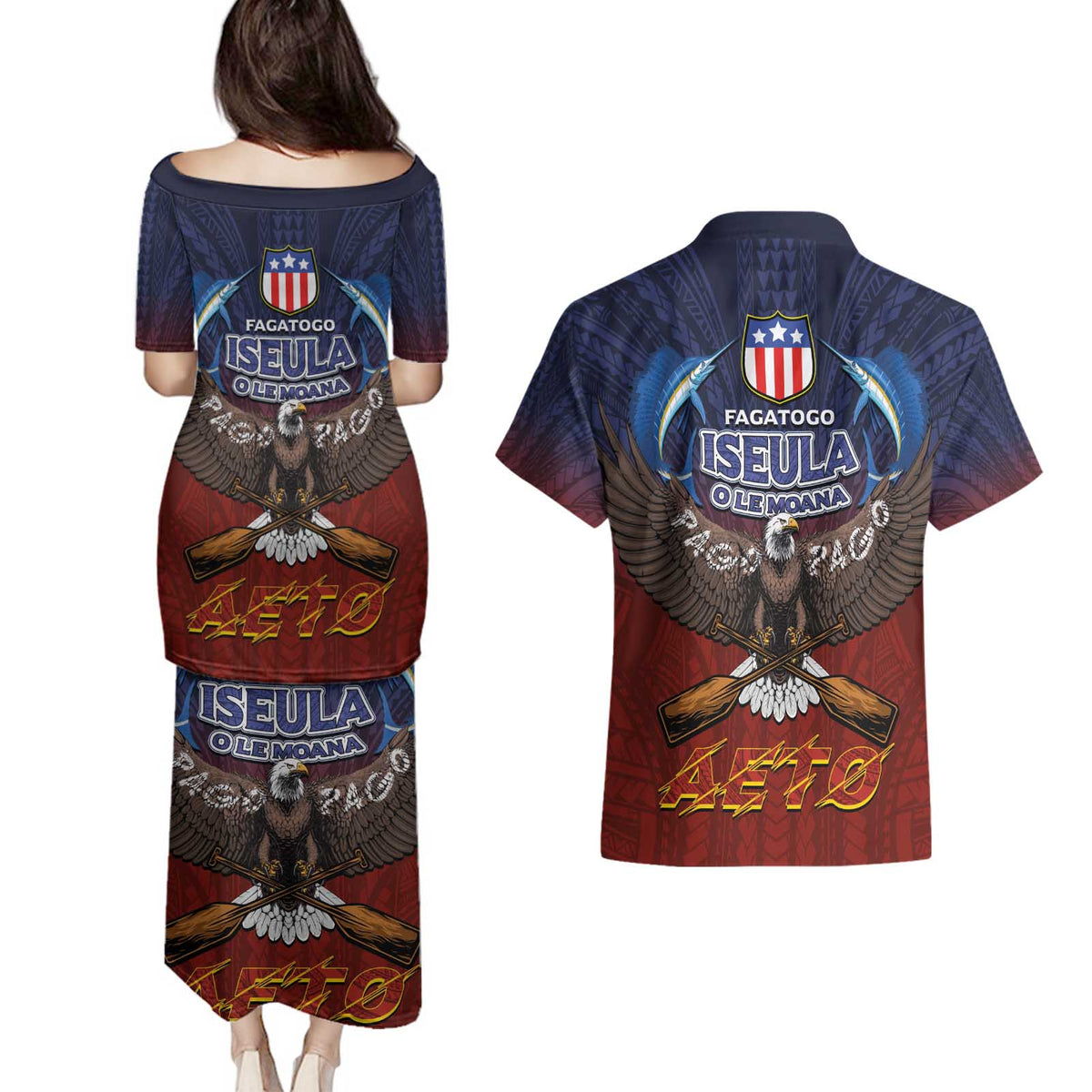 American Samoa Fautasi Couples Matching Puletasi and Hawaiian Shirt Pago Pago Aeto and Iseula o le Moana of Fagatogo Red-Blue - Polynesian Pride