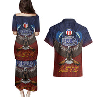 American Samoa Fautasi Couples Matching Puletasi and Hawaiian Shirt Pago Pago Aeto and Iseula o le Moana of Fagatogo Red-Blue - Polynesian Pride