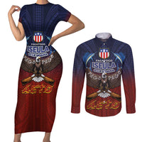 American Samoa Fautasi Couples Matching Short Sleeve Bodycon Dress and Long Sleeve Button Shirt Pago Pago Aeto and Iseula o le Moana of Fagatogo Red-Blue - Polynesian Pride