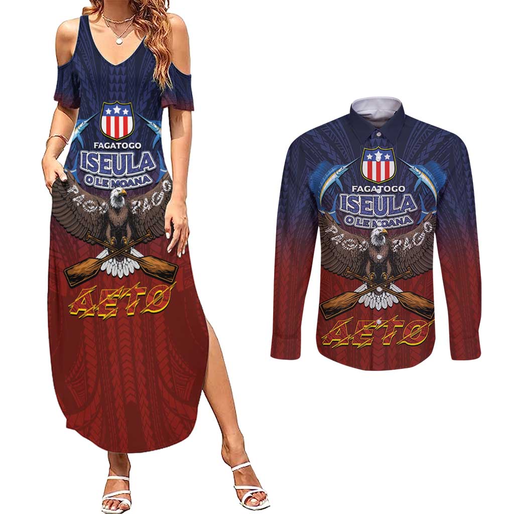 American Samoa Fautasi Couples Matching Summer Maxi Dress and Long Sleeve Button Shirt Pago Pago Aeto and Iseula o le Moana of Fagatogo Red-Blue - Polynesian Pride
