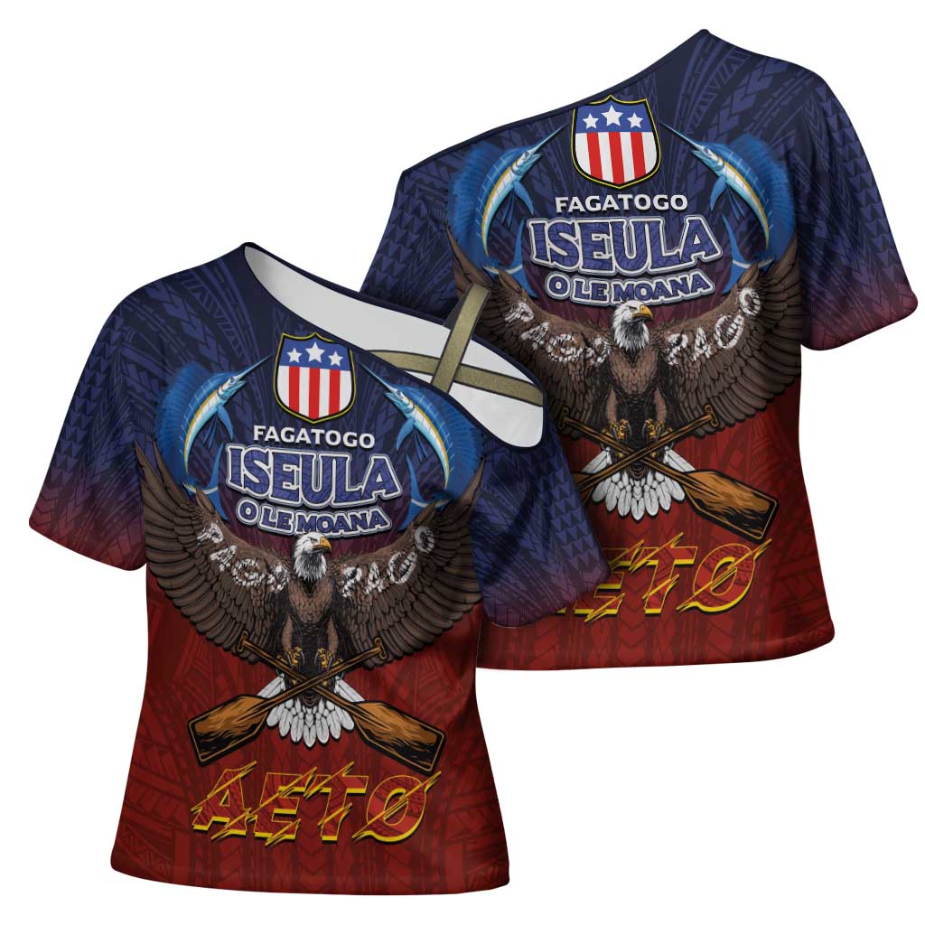 American Samoa Fautasi Cross Shoulder Shirt Pago Pago Aeto and Iseula o le Moana of Fagatogo Red-Blue - Polynesian Pride