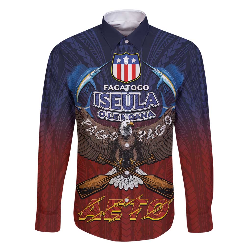 American Samoa Fautasi Family Matching Long Sleeve Bodycon Dress and Hawaiian Shirt Pago Pago Aeto and Iseula o le Moana of Fagatogo Red-Blue - Polynesian Pride