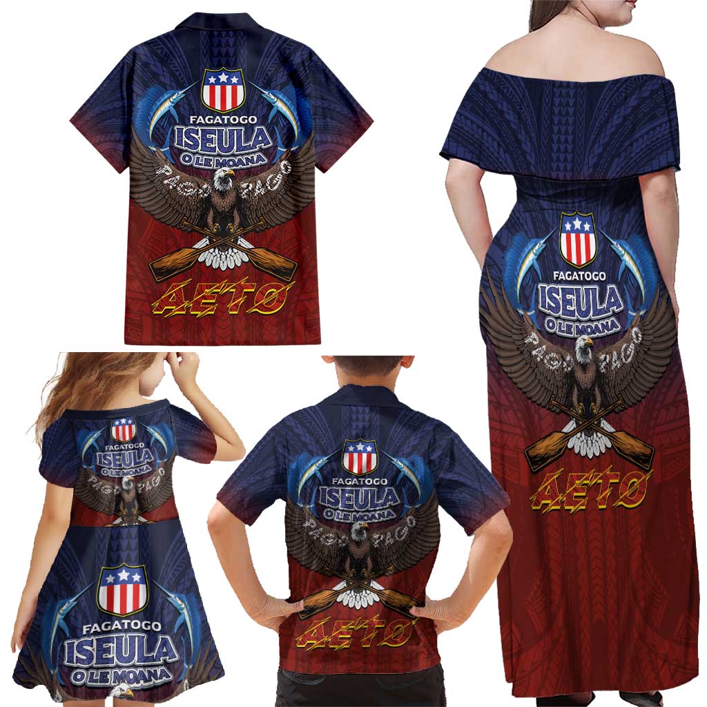 American Samoa Fautasi Family Matching Off Shoulder Maxi Dress and Hawaiian Shirt Pago Pago Aeto and Iseula o le Moana of Fagatogo Red-Blue - Polynesian Pride
