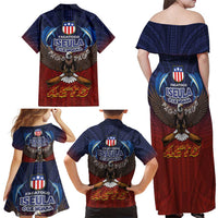 American Samoa Fautasi Family Matching Off Shoulder Maxi Dress and Hawaiian Shirt Pago Pago Aeto and Iseula o le Moana of Fagatogo Red-Blue - Polynesian Pride