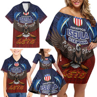 American Samoa Fautasi Family Matching Off Shoulder Short Dress and Hawaiian Shirt Pago Pago Aeto and Iseula o le Moana of Fagatogo Red-Blue - Polynesian Pride
