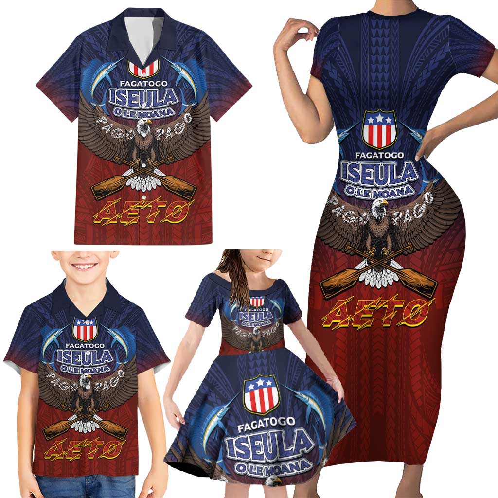 American Samoa Fautasi Family Matching Short Sleeve Bodycon Dress and Hawaiian Shirt Pago Pago Aeto and Iseula o le Moana of Fagatogo Red-Blue - Polynesian Pride