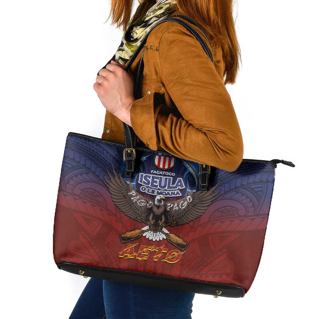 American Samoa Fautasi Leather Tote Bag Pago Pago Aeto and Iseula o le Moana of Fagatogo Red-Blue - Polynesian Pride
