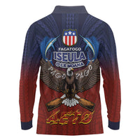 American Samoa Fautasi Long Sleeve Polo Shirt Pago Pago Aeto and Iseula o le Moana of Fagatogo Red-Blue - Polynesian Pride