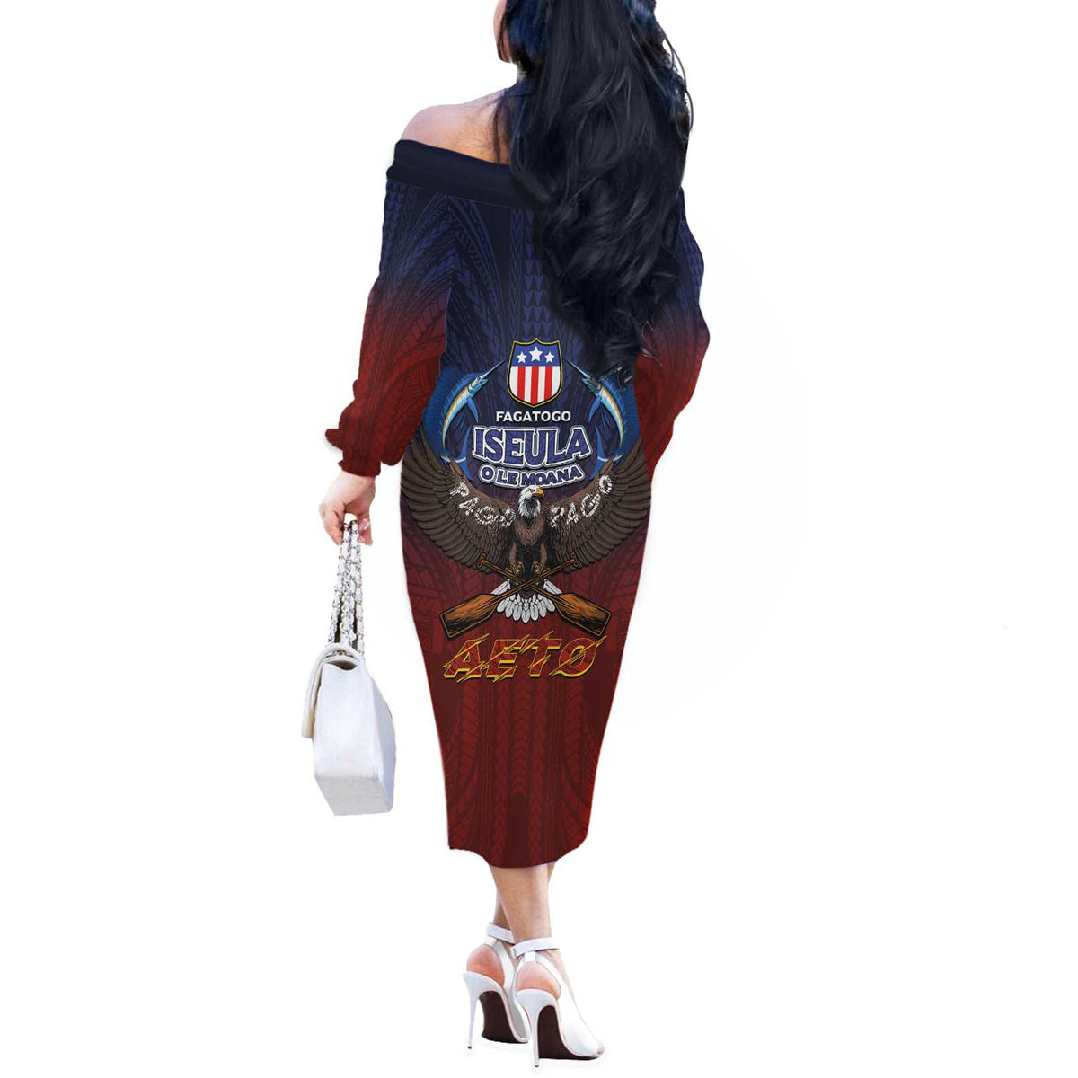 American Samoa Fautasi Off The Shoulder Long Sleeve Dress Pago Pago Aeto and Iseula o le Moana of Fagatogo Red-Blue - Polynesian Pride