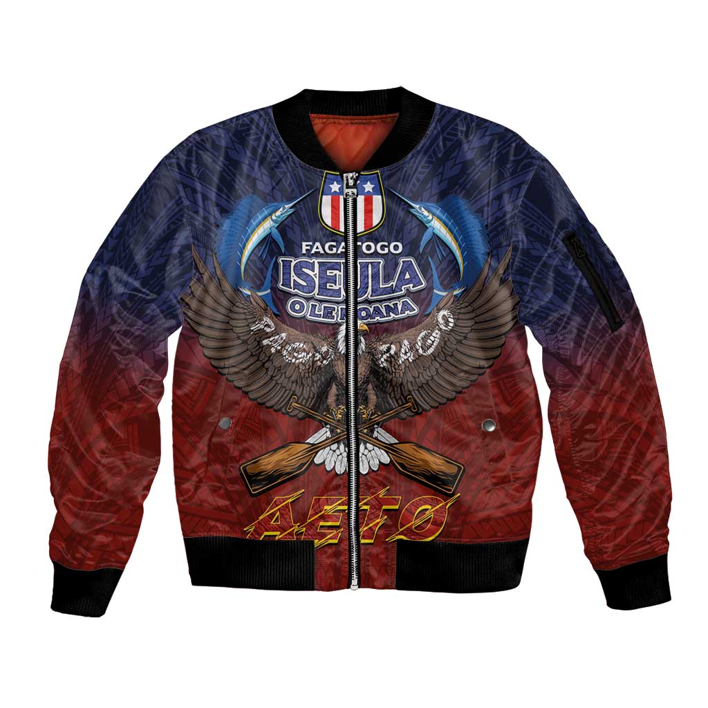 American Samoa Fautasi Sleeve Zip Bomber Jacket Pago Pago Aeto and Iseula o le Moana of Fagatogo Red-Blue - Polynesian Pride