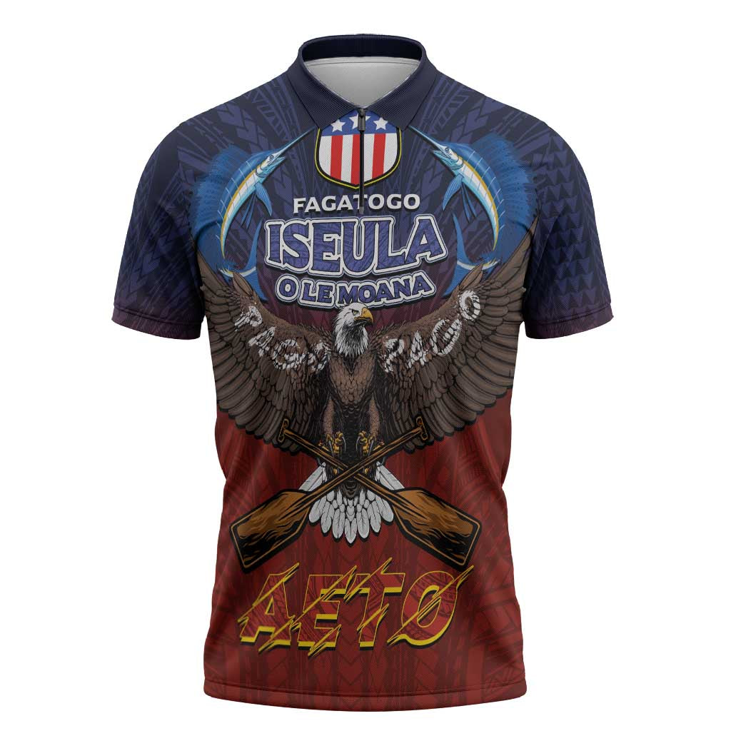 American Samoa Fautasi Zipper Polo Shirt Pago Pago Aeto and Iseula o le Moana of Fagatogo Red-Blue - Polynesian Pride