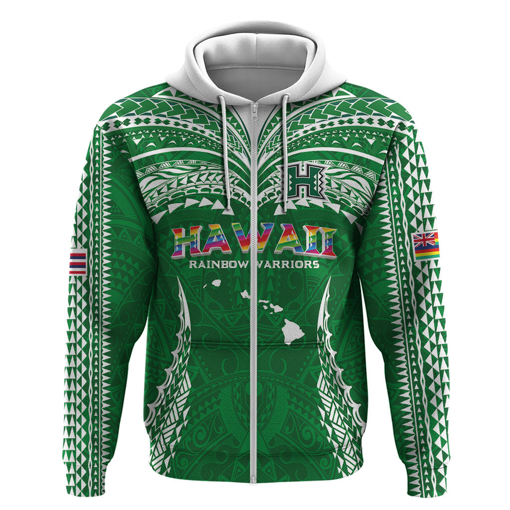 Custom Hawaii Rainbow Warriors Hoodie Polynesian Motif Green Color LT03 Zip Hoodie Green - Polynesian Pride