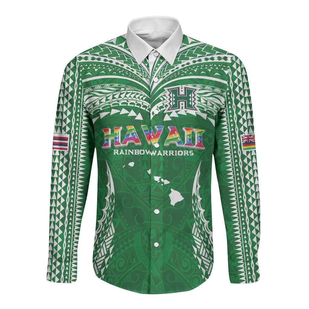 Custom Hawaii Rainbow Warriors Long Sleeve Button Shirt Polynesian Motif Green Color LT03 Unisex Green - Polynesian Pride