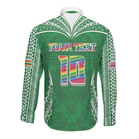 Custom Hawaii Rainbow Warriors Long Sleeve Button Shirt Polynesian Motif Green Color LT03 - Polynesian Pride