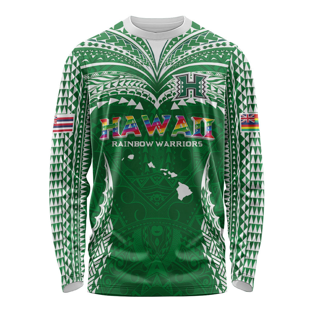 Custom Hawaii Rainbow Warriors Long Sleeve Shirt Polynesian Motif Green Color LT03 Unisex Green - Polynesian Pride