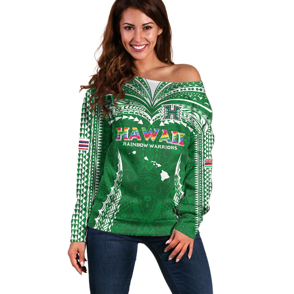 Custom Hawaii Rainbow Warriors Off Shoulder Sweater Polynesian Motif Green Color LT03 Women Green - Polynesian Pride