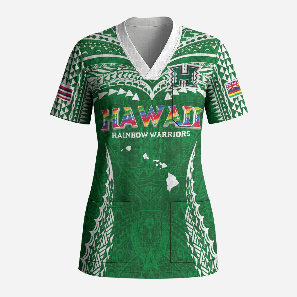 Custom Hawaii Rainbow Warriors Scrub Top Polynesian Motif Green Color LT03 Adult Green - Polynesian Pride