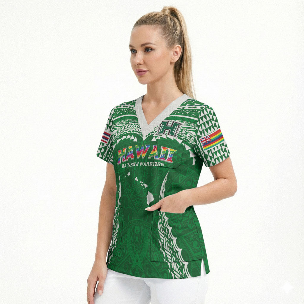 Custom Hawaii Rainbow Warriors Scrub Top Polynesian Motif Green Color LT03 - Polynesian Pride