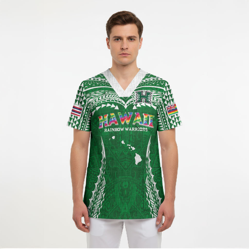 Custom Hawaii Rainbow Warriors Scrub Top Polynesian Motif Green Color LT03 - Polynesian Pride